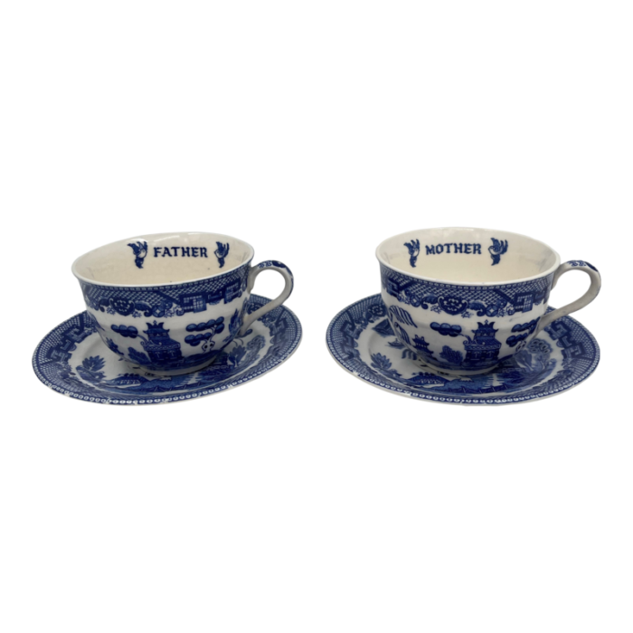 vintage mother and father blue willow teacups and saucers set 4 pieces 0276