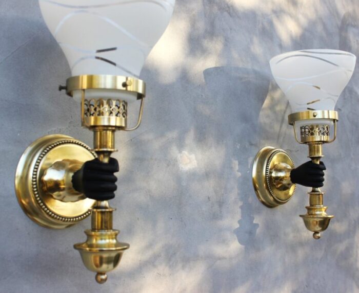 vintage neoclassical empire brass wall sconces with black hand torch by maison jansen set of 3 5