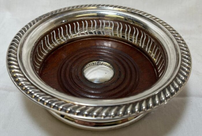 vintage ornate barker ellis silver plate and wood wine coaster made in england circa 1930 3021