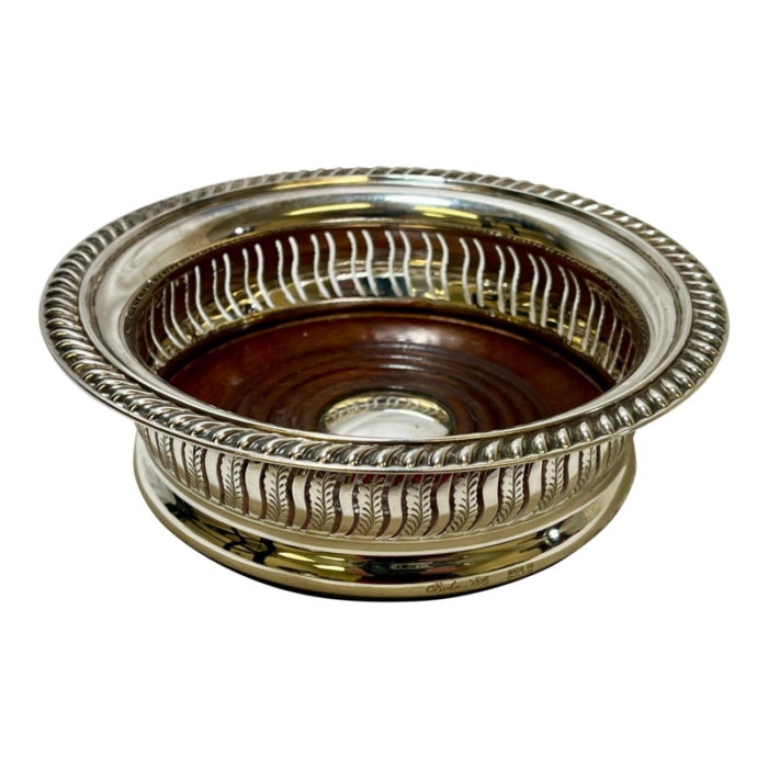 vintage ornate barker ellis silver plate and wood wine coaster made in england circa 1930 3289