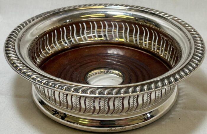 vintage ornate barker ellis silver plate and wood wine coaster made in england circa 1930 6364