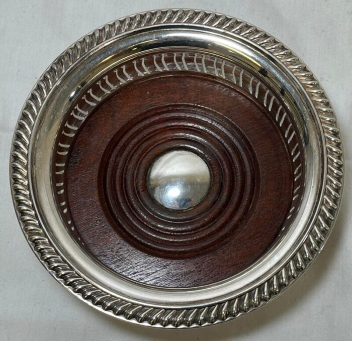 vintage ornate barker ellis silver plate and wood wine coaster made in england circa 1930 7598