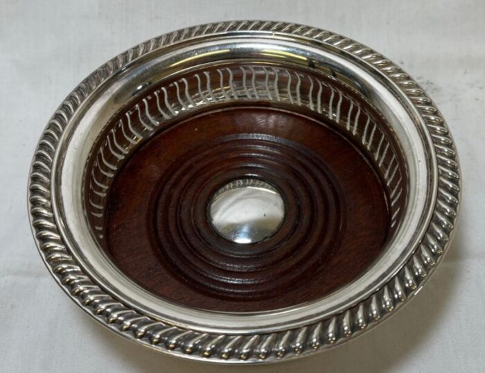 vintage ornate barker ellis silver plate and wood wine coaster made in england circa 1930 8189