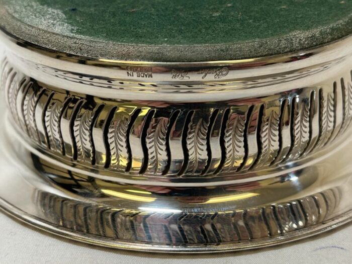 vintage ornate barker ellis silver plate and wood wine coaster made in england circa 1930 8578