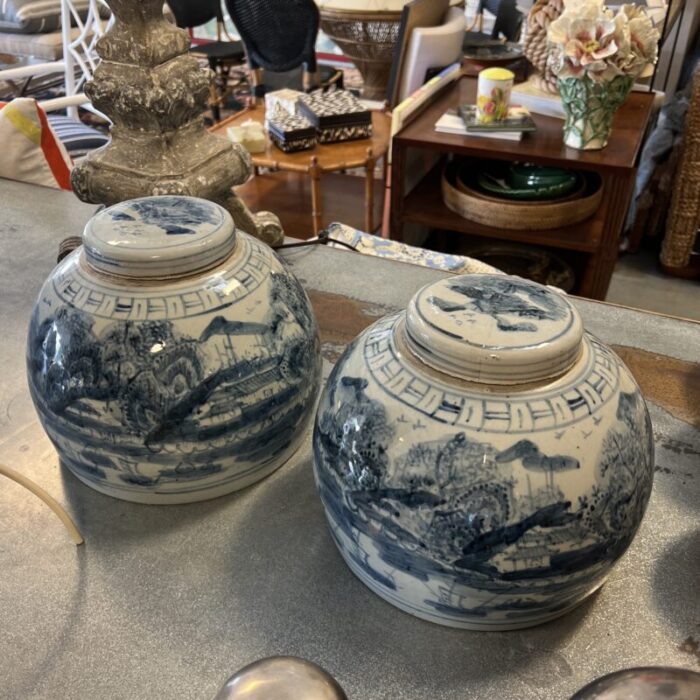 vintage pair of blue and white ginger jars with lid 1714