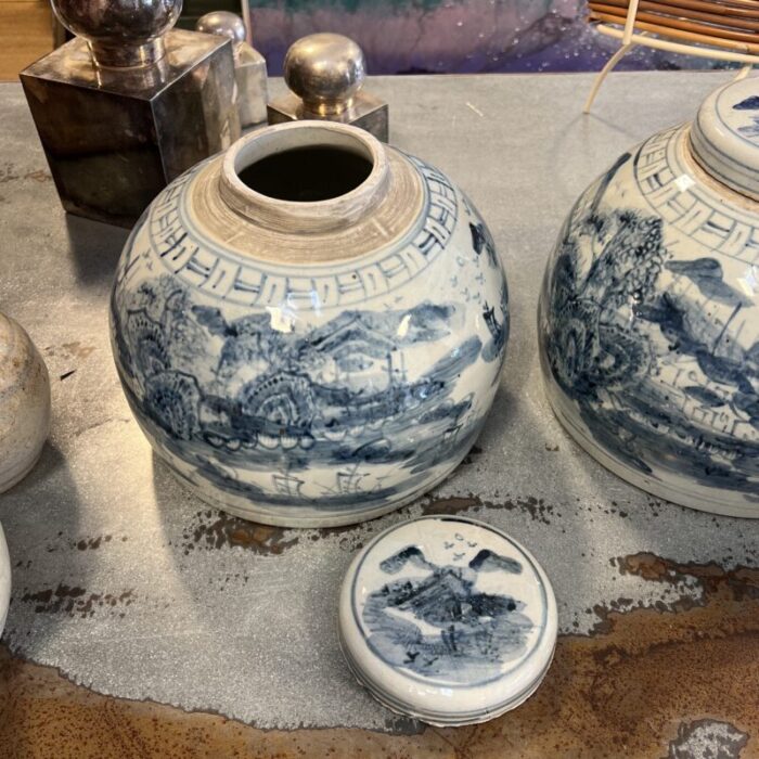 vintage pair of blue and white ginger jars with lid 2225