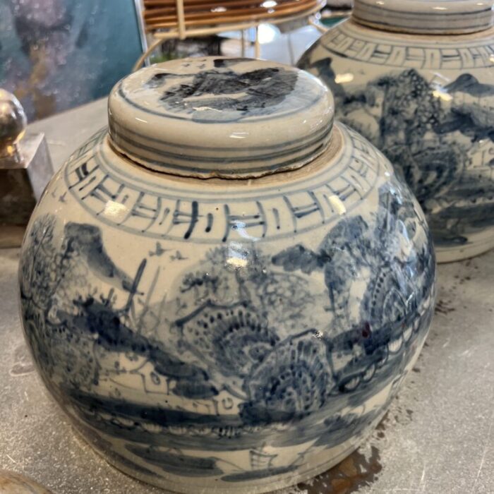 vintage pair of blue and white ginger jars with lid 6035