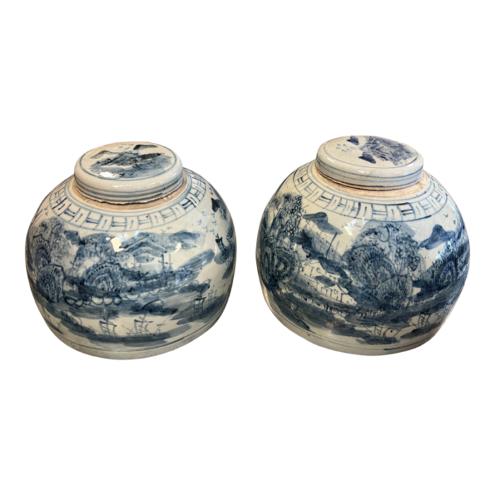 vintage pair of blue and white ginger jars with lid 6921