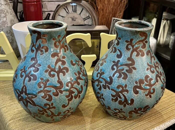 vintage pair of carved pottery with foliate design 4356