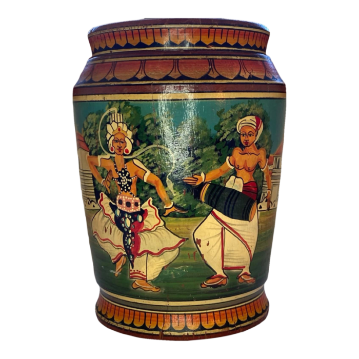 vintage palm trunk vase made in indonesia handpainted with figures 1205