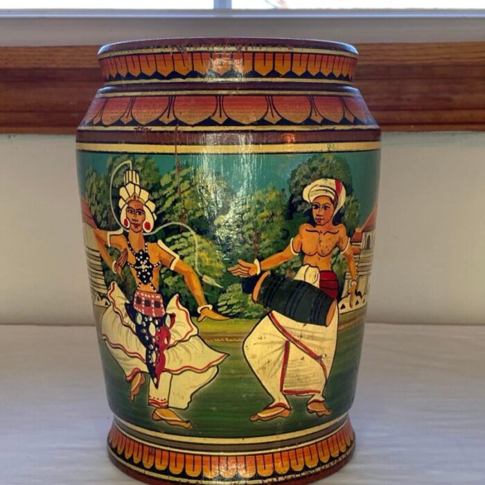 vintage palm trunk vase made in indonesia handpainted with figures 3350