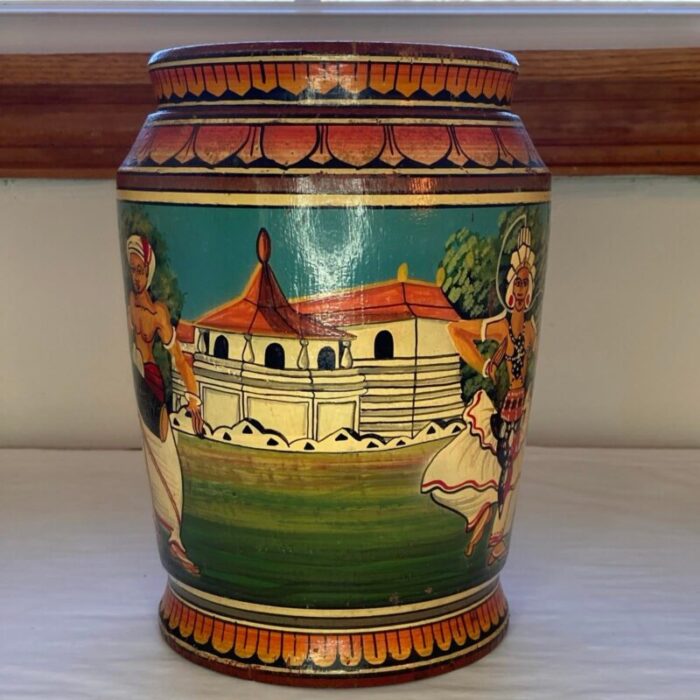 vintage palm trunk vase made in indonesia handpainted with figures 5262