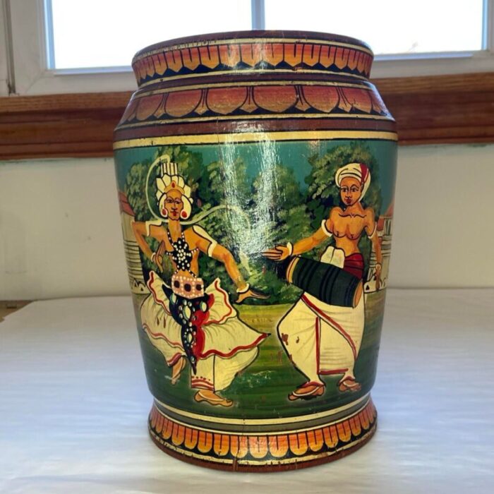 vintage palm trunk vase made in indonesia handpainted with figures 6095