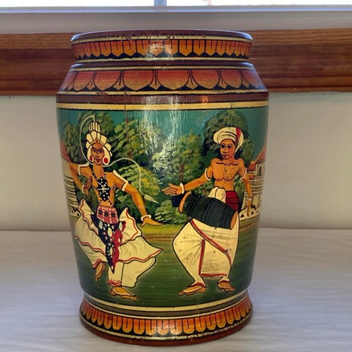 vintage palm trunk vase made in indonesia handpainted with figures 6854