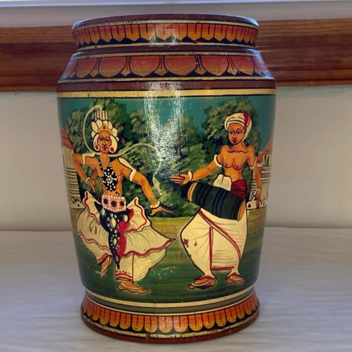 vintage palm trunk vase made in indonesia handpainted with figures 8015