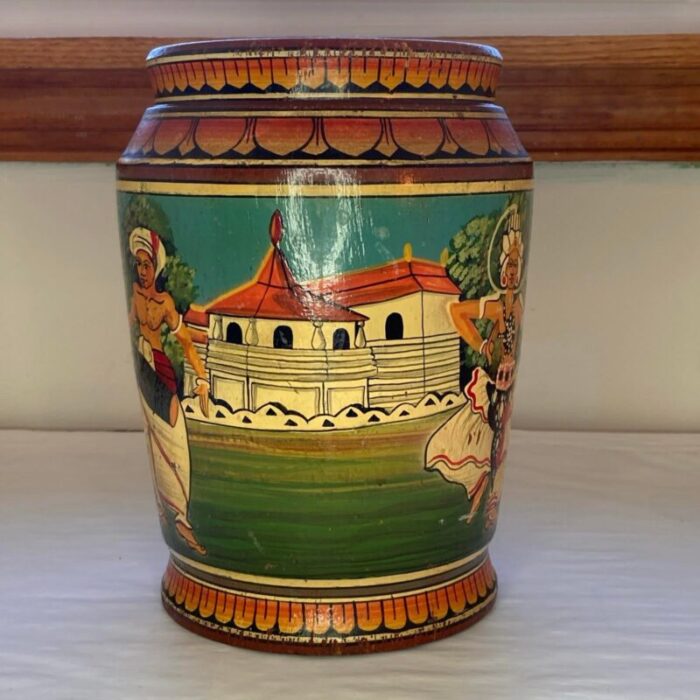 vintage palm trunk vase made in indonesia handpainted with figures 8435