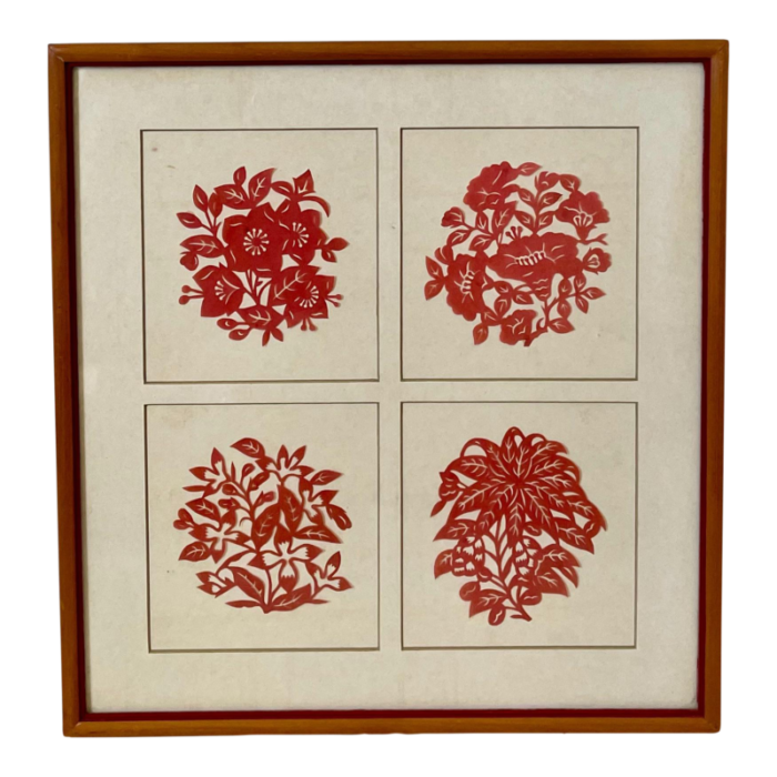 vintage red and white floral paper cuts of nanking set of 4 custom framed 7481