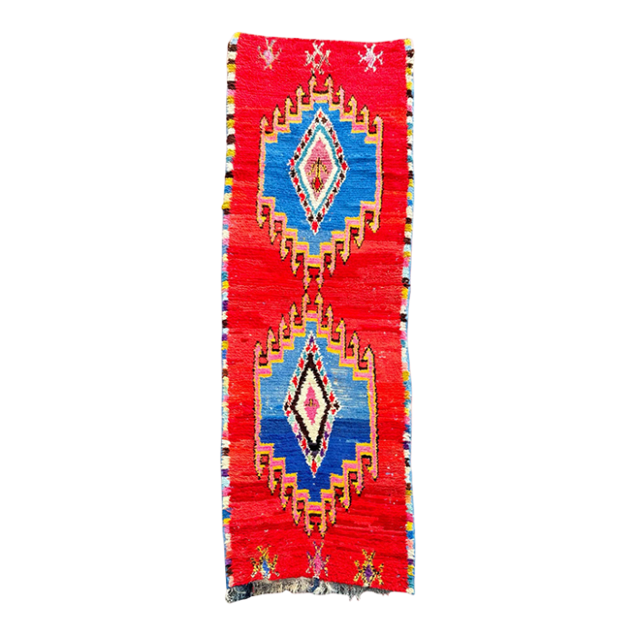 vintage red traditional boucherouite berber moroccan runner rug 4378