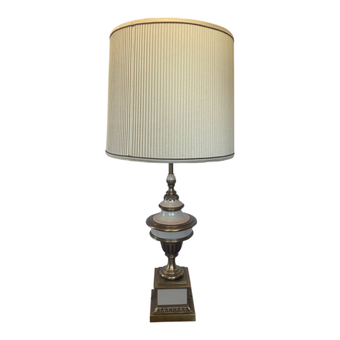 vintage stiffel beige enameled brass table console lamp with original shade no water marks 9713