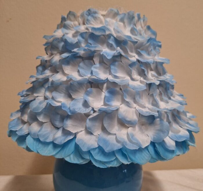 vintage table lamp with round blue ceramic base and handmade flower shade by lamplove 1980s 8