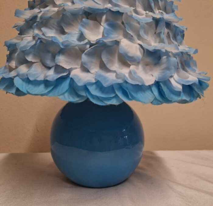 vintage table lamp with round blue ceramic base and handmade flower shade by lamplove 1980s 9