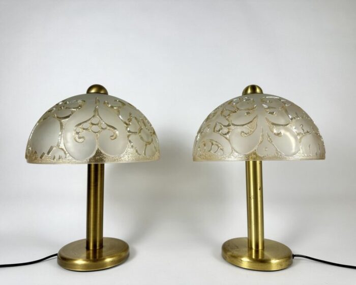 vintage table lamps in glass and brass by peill putzler 1970s set of 2 1