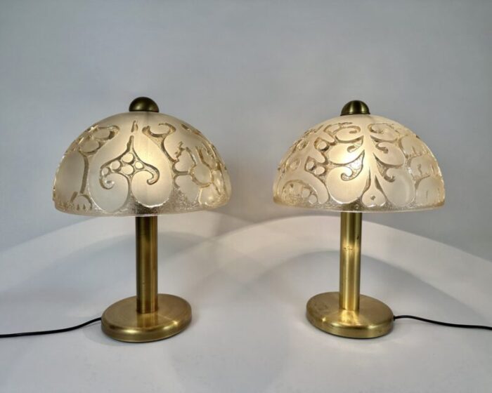 vintage table lamps in glass and brass by peill putzler 1970s set of 2 2