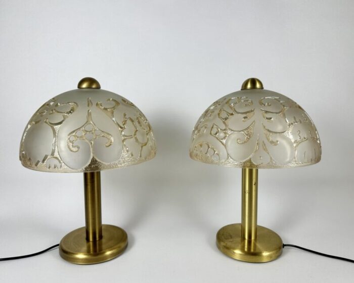 vintage table lamps in glass and brass by peill putzler 1970s set of 2 3