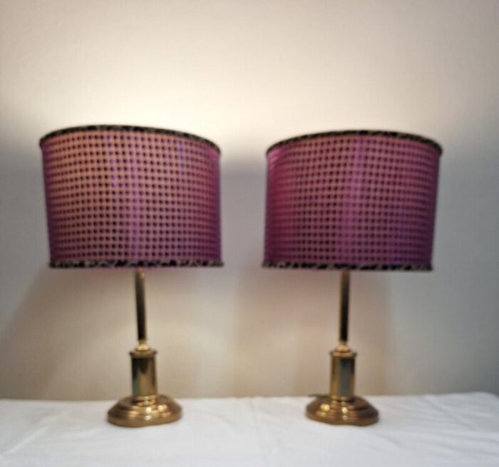 vintage table lamps with brass base and handmade lampshade from lamplove 1970s set of 2 1