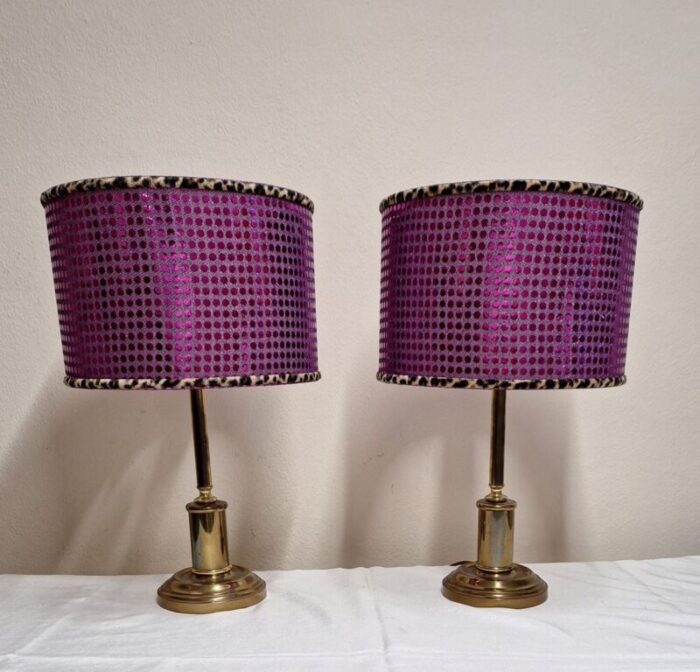 vintage table lamps with brass base and handmade lampshade from lamplove 1970s set of 2 2