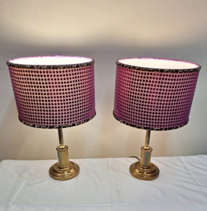 vintage table lamps with brass base and handmade lampshade from lamplove 1970s set of 2 3