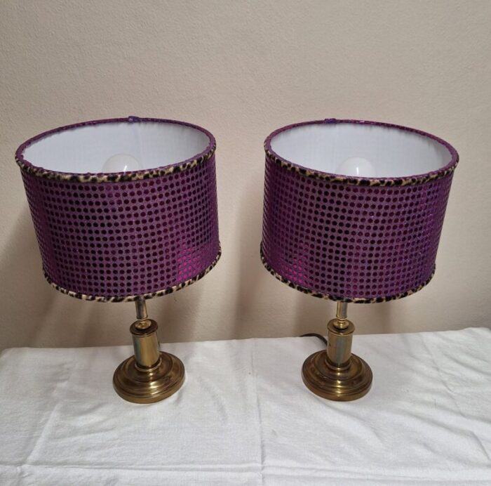 vintage table lamps with brass base and handmade lampshade from lamplove 1970s set of 2 4