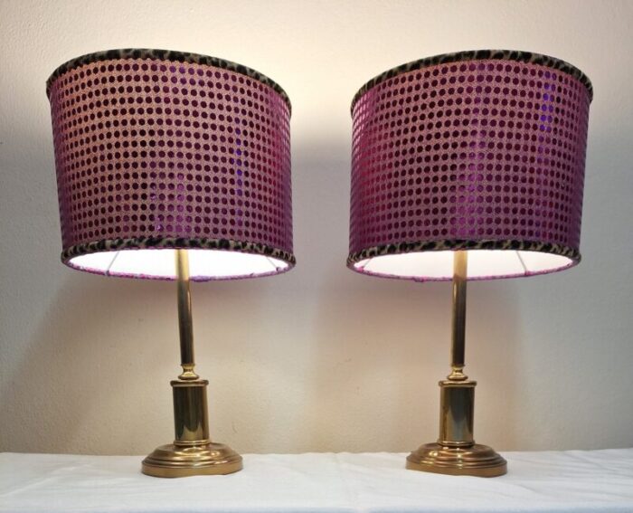 vintage table lamps with brass base and handmade lampshade from lamplove 1970s set of 2 5