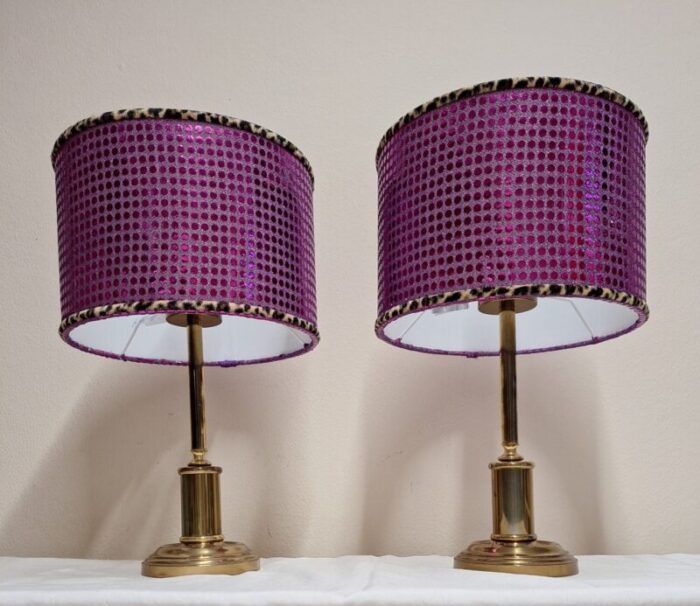 vintage table lamps with brass base and handmade lampshade from lamplove 1970s set of 2 6