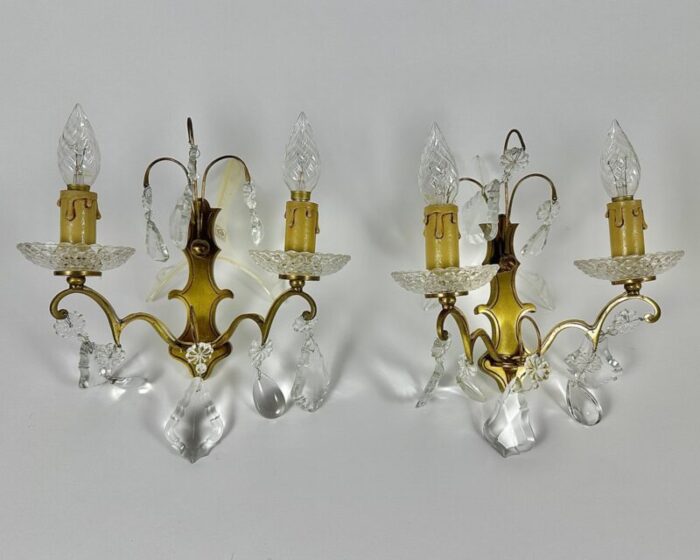 vintage two wall lights with gold bronze crystal drops beads france 1950s set of 2 1