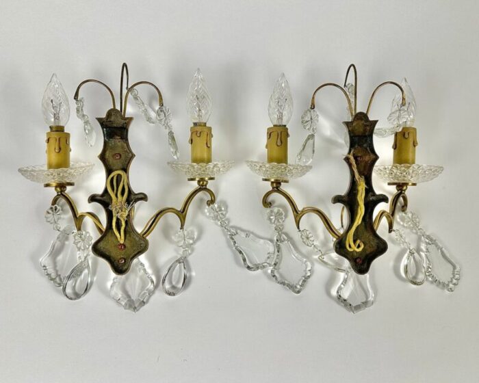 vintage two wall lights with gold bronze crystal drops beads france 1950s set of 2 2