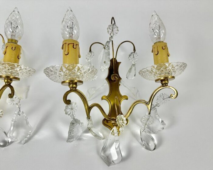 vintage two wall lights with gold bronze crystal drops beads france 1950s set of 2 3