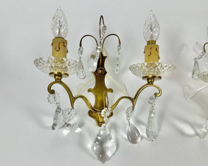 vintage two wall lights with gold bronze crystal drops beads france 1950s set of 2 4