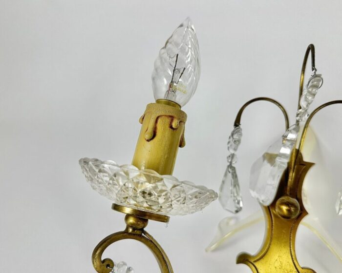 vintage two wall lights with gold bronze crystal drops beads france 1950s set of 2 5