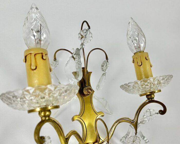 vintage two wall lights with gold bronze crystal drops beads france 1950s set of 2 6