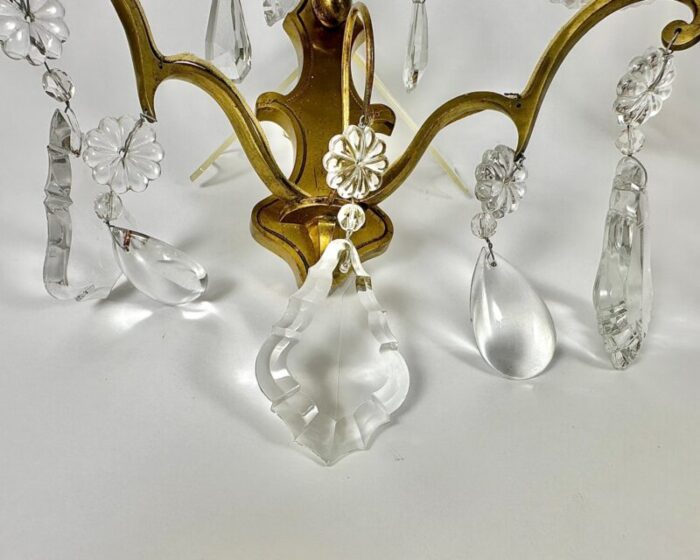 vintage two wall lights with gold bronze crystal drops beads france 1950s set of 2 7