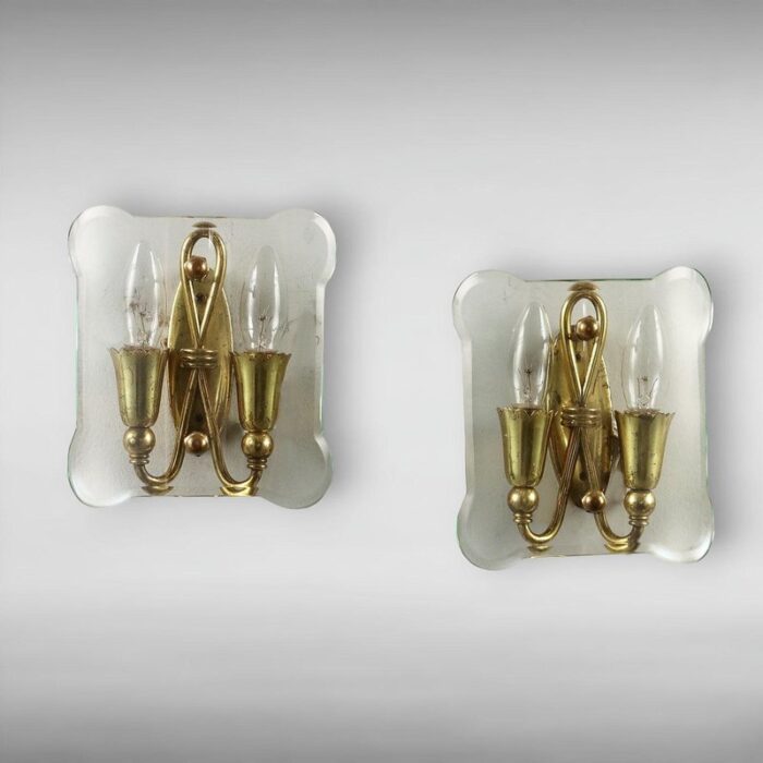 vintage wall lamps in brass and glass 1950s set of 2 1